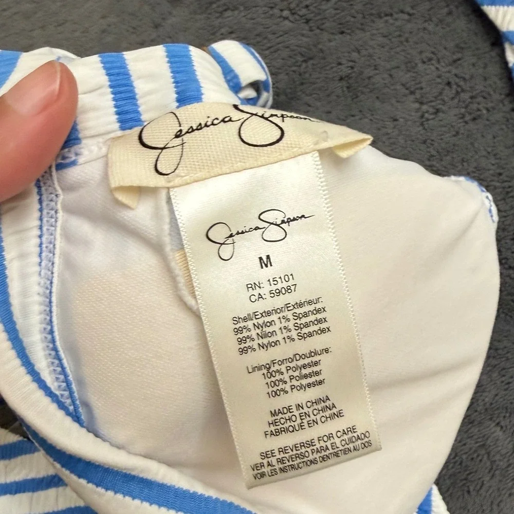 Jessica Simpson Bikini Set Womens M/L Blue White Excellent Striped Smocked Tie